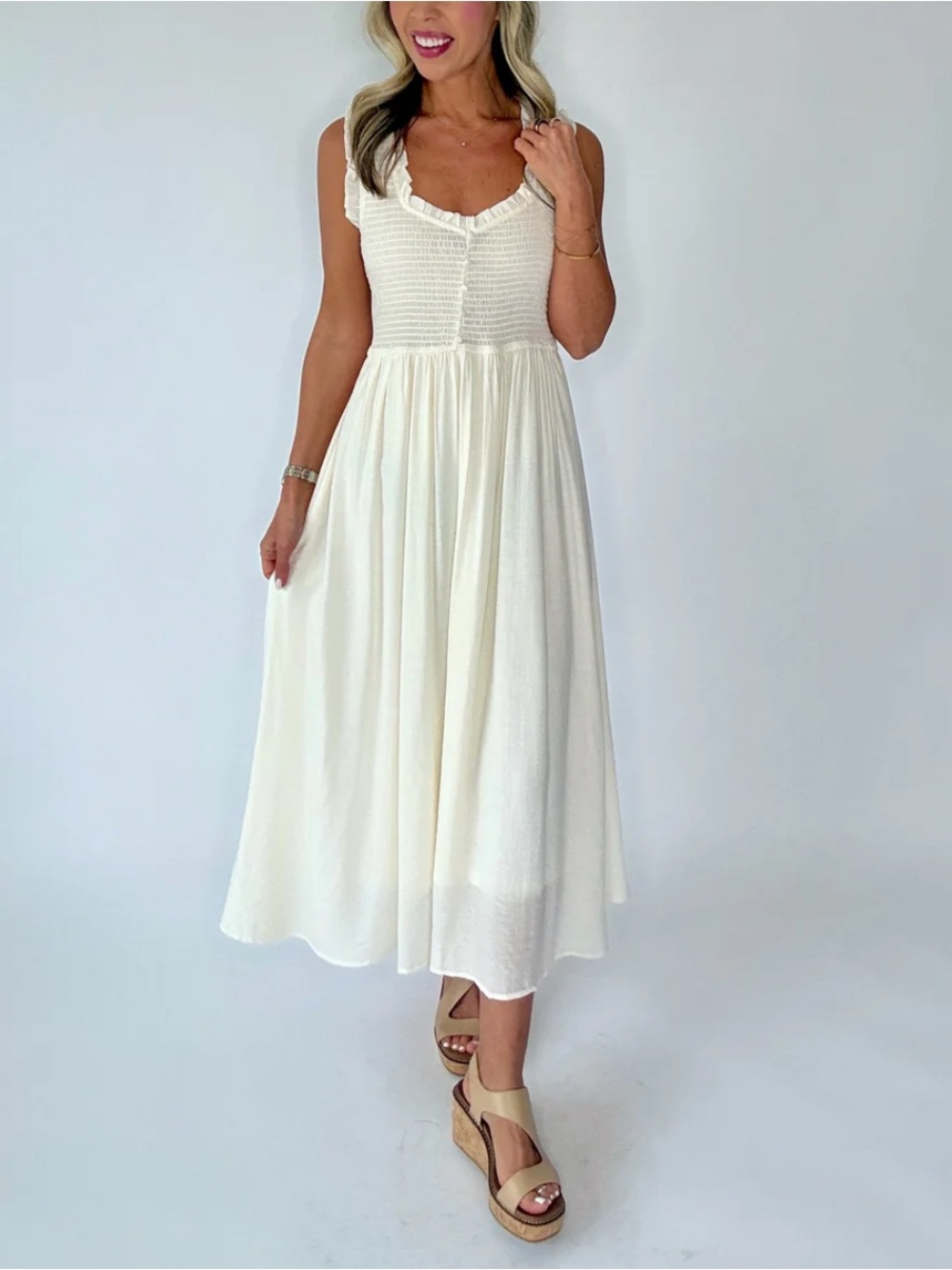 Natural smocked bodice midi dress